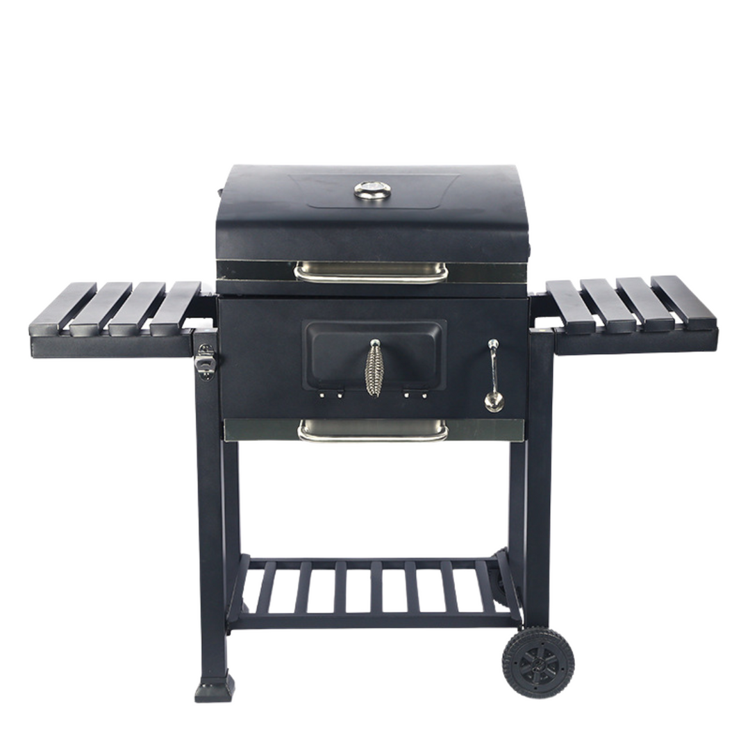Courtyard Trolley Charcoal BBQ Grill with Lid, Side Shelves & Wheels