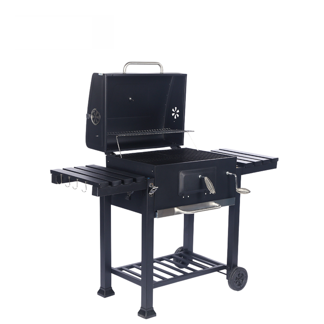 Courtyard Trolley Charcoal BBQ Grill with Lid, Side Shelves & Wheels