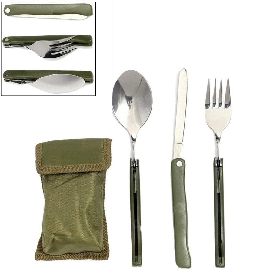 3in1 Tactical Folding Dinnerware Set - Stainless Steel Spoon, Fork & Knife