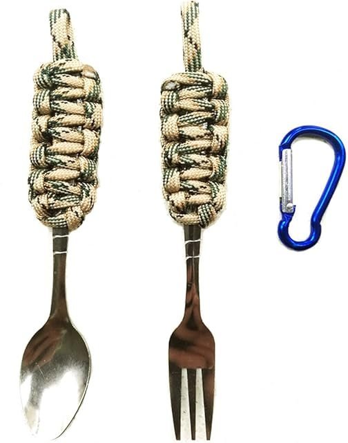 Tactical Paracord Camping Spoon & Fork Set with Carabiner