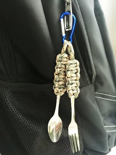 Tactical Paracord Camping Spoon & Fork Set with Carabiner