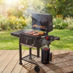 Courtyard Trolley Charcoal BBQ Grill with Lid, Side Shelves & Wheels