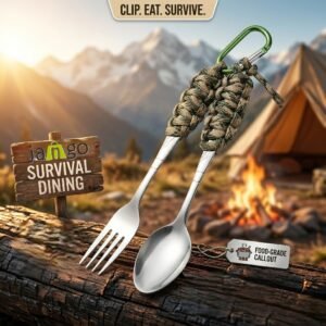 Tactical Paracord Camping Spoon & Fork Set with Carabiner