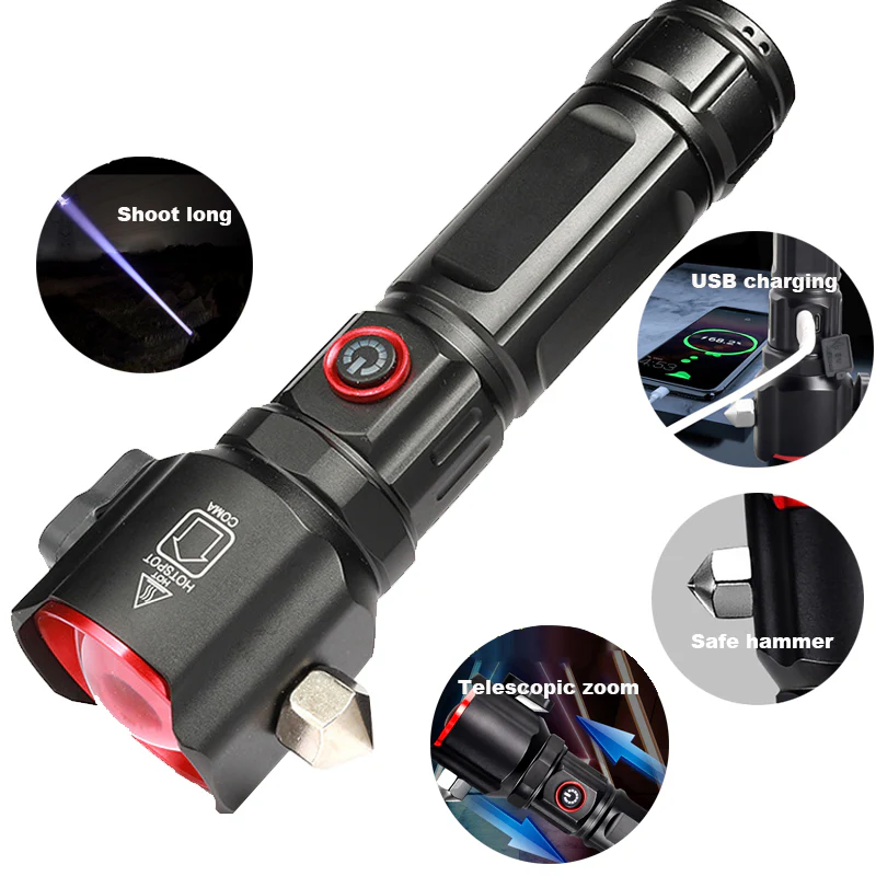 5 in 1 Tactical Survival Torch - 1km Range LED Flashlight with Safety Hammer & Cutter